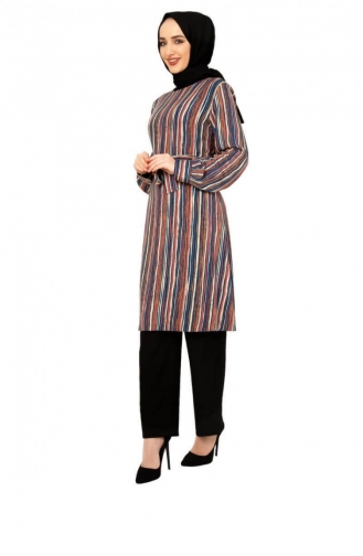 Çizgili Tunik Pantolon İkili Takım Petol Mavisi
