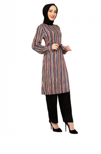Çizgili Tunik Pantolon İkili Takım Petol Mavisi