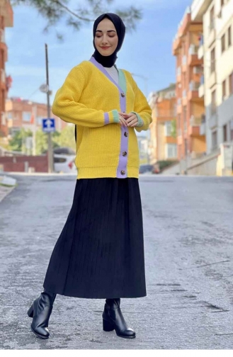 Yaka Detaylı Triko Hırka Sarı