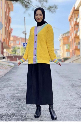 Yaka Detaylı Triko Hırka Sarı