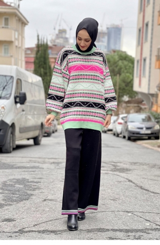 Desenli İkili Triko Takım Mint