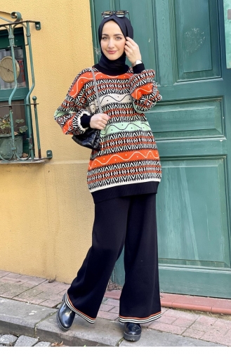 Desenli İkili Triko Takım Siyah