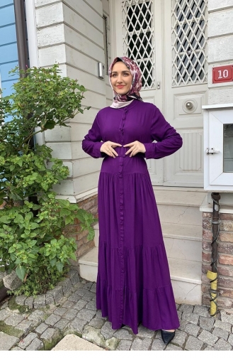 Düğmeli Tesettür Elbise Mor