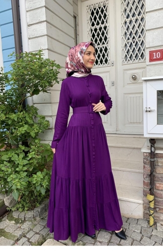 Düğmeli Tesettür Elbise Mor