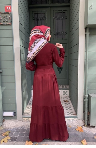 Düğmeli Tesettür Elbise Vişne