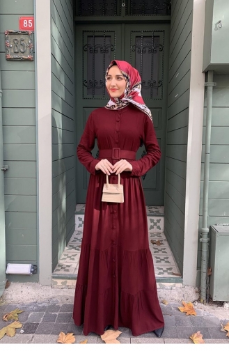 Düğmeli Tesettür Elbise Vişne