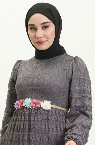Kemeri Çiçekli Elbise Antrasit 10241