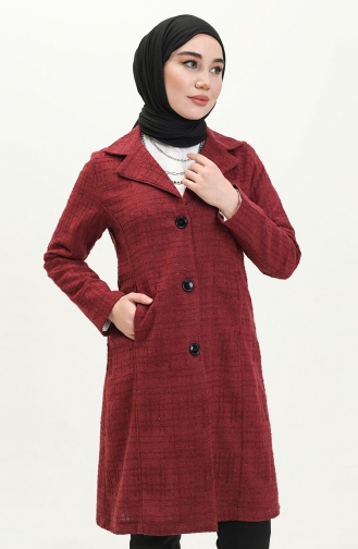 Desenli Uzun Ceket 1037-03 Bordo