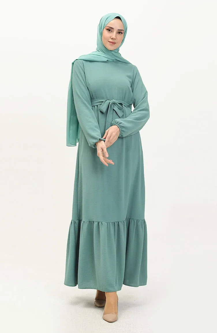 Robe Ceinturé à la Taille Jupe Plissée 2023-02 Vert Noisette 2023-02