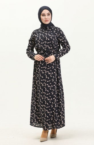 Längelang-geknöpftes Kleid mit Gürtel 60250-02 Dunkelblau 60250-02