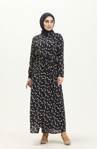 Längelang-geknöpftes Kleid mit Gürtel 60250-02 Dunkelblau 60250-02