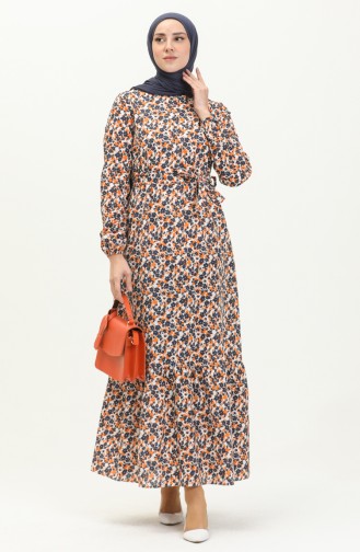 Kleid mit Taillengürtel und gefältelter Rock 2028-02 Orange-Dunkelblau 2028-02