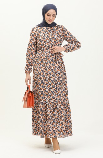 Kleid mit Taillengürtel und gefältelter Rock 2028-02 Orange-Dunkelblau 2028-02