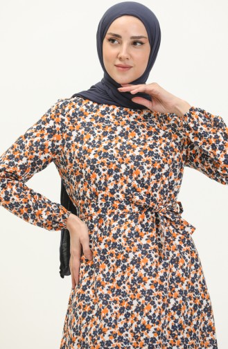 Kleid mit Taillengürtel und gefältelter Rock 2028-02 Orange-Dunkelblau 2028-02