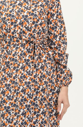 Kleid mit Taillengürtel und gefältelter Rock 2028-02 Orange-Dunkelblau 2028-02