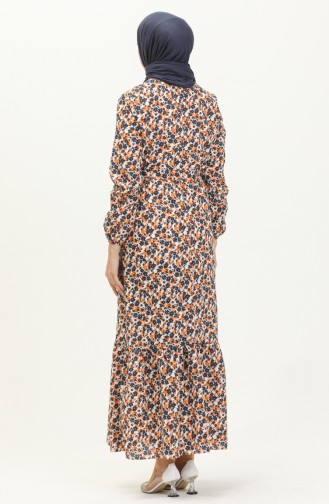 Kleid mit Taillengürtel und gefältelter Rock 2028-02 Orange-Dunkelblau 2028-02