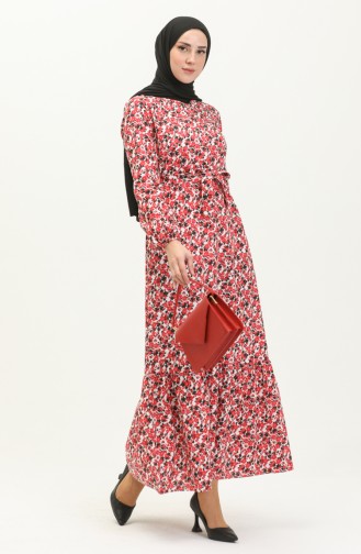 Shirred Detail Belted Dress 2028-04 Red Black 2028-04