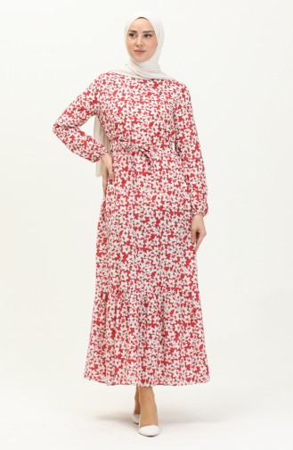 Robe Ceinturée à la Taille Jupe Plissée 2029-03 Rouge 2029-03