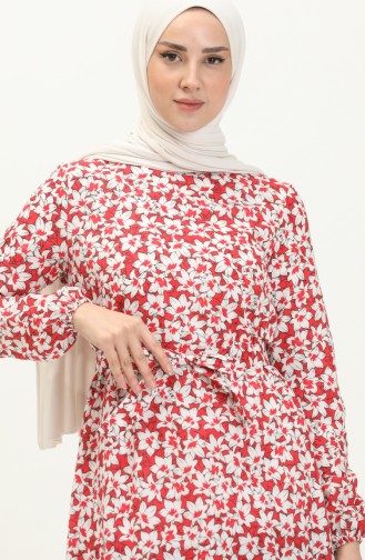 Robe Ceinturée à la Taille Jupe Plissée 2029-03 Rouge 2029-03