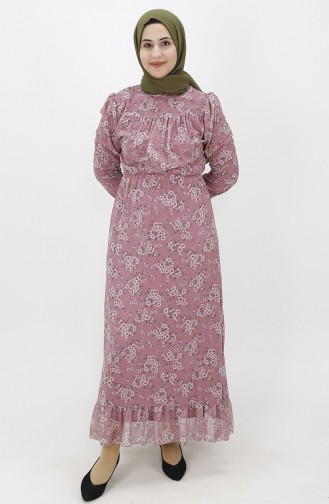 Çiçek Desenli Şifon Elbise 1907-02 Gül Kurusu