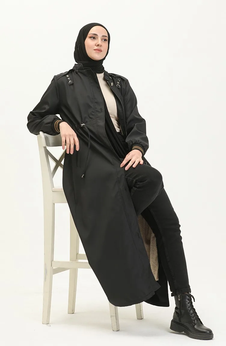 Hooded Ribbed Coat Black 15500 13719