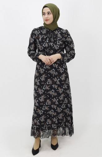 Çiçek Desenli Şifon Elbise 1907-01 Siyah