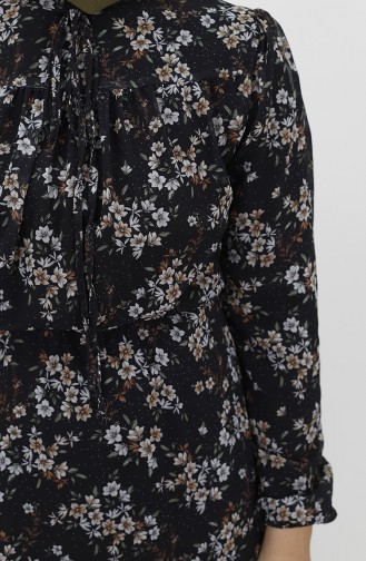 Çiçek Desenli Şifon Elbise 1907-01 Siyah