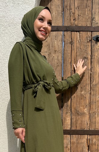 İncili Kuşaklı Elbise 10310-01 Haki