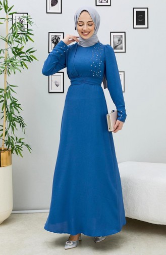 Pearl Detailed Belted Dress 10310-02 Indigo 10310-02