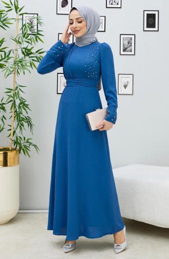 Pearl Detailed Belted Dress 10310-02 Indigo 10310-02