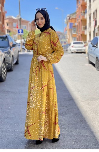 Desenli Tesettür Elbise Hardal