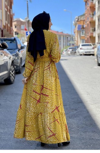Desenli Tesettür Elbise Hardal