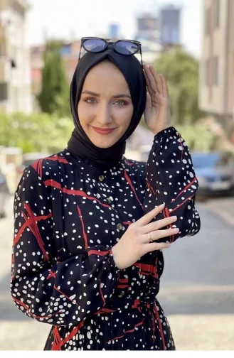 Desenli Tesettür Elbise Siyah