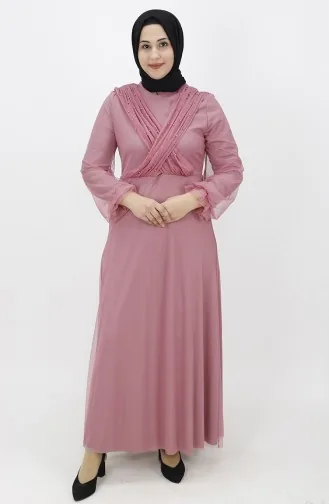 İnci Detayli Tül Abiye 2354-02 Gül Kurusu