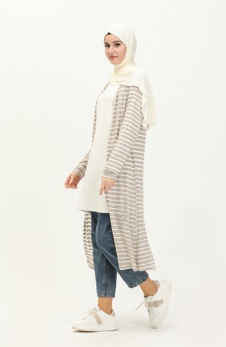 Striped Long Cardigan 8571-02 Gray Ecru 8571-02