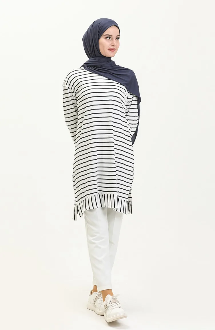 Çizgili Basic Tunik 3022-01 Beyaz Lacivert