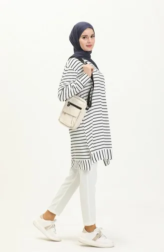 Çizgili Basic Tunik 3022-01 Beyaz Lacivert