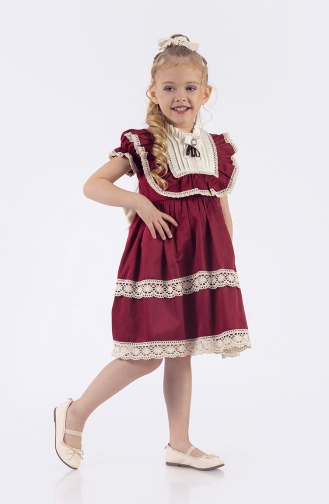 Dantel Motifli Vintage Kız Çocuk Elbisesi ALTNTP6001-08 Bordo