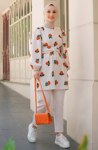 Desenli Tunik Pantolon İkili Takım 10549-02 Oranj
