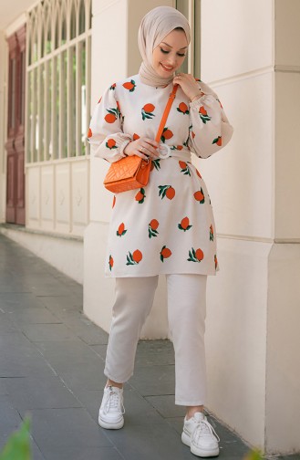 Desenli Tunik Pantolon İkili Takım 10549-02 Oranj