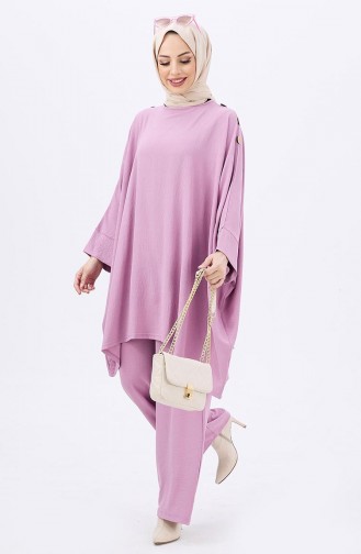 Buttoned Tunic Pants Two Piece Suit 10552-01 Dry Rose 10552-01