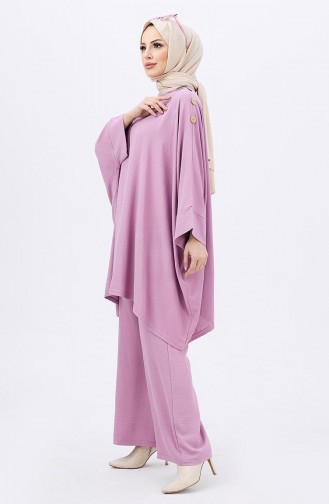 Buttoned Tunic Pants Two Piece Suit 10552-01 Dry Rose 10552-01