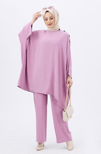 Buttoned Tunic Pants Two Piece Suit 10552-01 Dry Rose 10552-01
