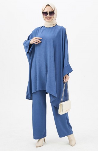 Buttoned Tunic Pants Two Piece Suit 10552-02 Indigo 10552-02