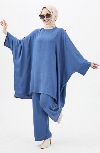 Buttoned Tunic Pants Two Piece Suit 10552-02 Indigo 10552-02