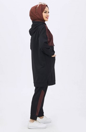Renk Bloklu Tunik Pantolon İkili Takım 11022-04 Kahverengi