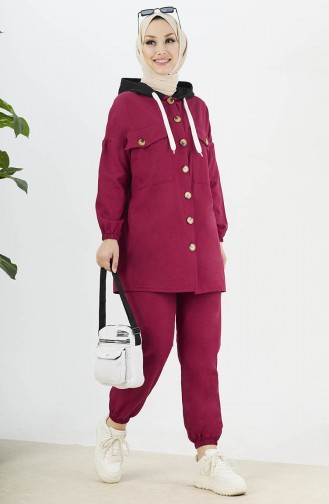 Buttoned Tunic Pants Two Piece Suit 11040-01 Claret Red 11040-01