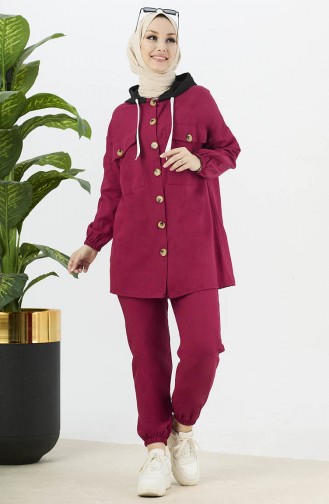 Buttoned Tunic Pants Two Piece Suit 11040-01 Claret Red 11040-01
