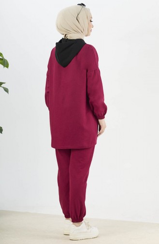 Buttoned Tunic Pants Two Piece Suit 11040-01 Claret Red 11040-01