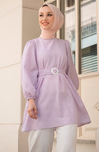 Çizgili Kuşaklı Tunik 10800-04 Pudra